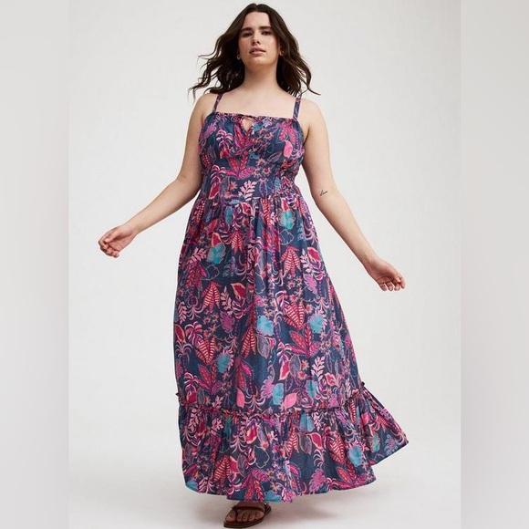 torrid Dresses & Skirts - Plus Size Challis Smocked Floral Maxi Dress in Pink and Blue Torrid with Pockets